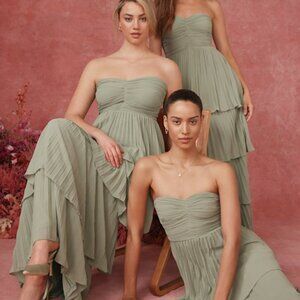 Lulus Seriously Sensational Sage Brush Strapless Tiered Maxi Dress Green